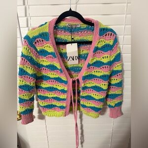 Zara Crochet Tie-Front Cardigan in Pink, Blue & Lime